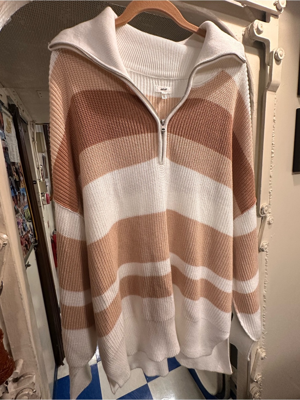 Aerie Striped Half-Zip Sweater in Cream and Tan
